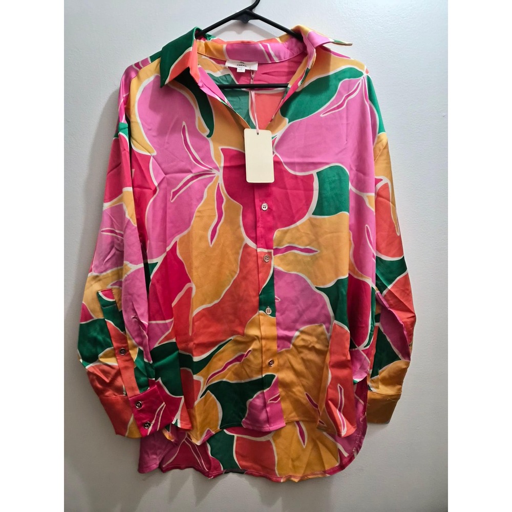 Entro NWT Womens Pink Orange Floral Oversized Long Sleeve Button Down Shirt S